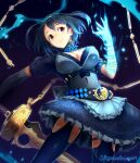  1girl alice_(sinoalice) artist_name bangs belt blue_dress blue_gloves blue_hair blue_thighhighs bob_cut breasts cleavage cleavage_cutout closed_mouth clothing_cutout dress elbow_gloves gloves glowing headband highres holding holding_sword holding_weapon looking_at_viewer mappaninatta purple_eyes short_hair short_sleeves sinoalice solo sword thighhighs weapon 
