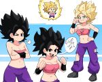  1girl aqua_eyes aura battle_damage big_hair black_eyes black_hair blonde_hair breasts caulifla closed_mouth crop_top crossed_arms dashi dragon_ball dragon_ball_super english_text hand_on_hip highres midriff multiple_views navel one_eye_closed open_mouth pants pink_tube_top purple_pants smile speech_bubble spiked_hair strapless super_saiyan super_saiyan_1 torn_clothes tube_top v-shaped_eyebrows 