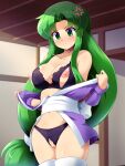  1girl anger_vein black_bra black_panties blush bra breasts censored crotchless crotchless_panties forehead frown ganbare_goemon green_eyes green_hair highres indoors japanese_clothes kimono konpeto large_breasts long_hair low-tied_long_hair navel ninja nipples panties purple_kimono pussy sash short_kimono solo standing sweatdrop thighhighs underwear very_long_hair wooden_wall yae_(ganbare_goemon) 