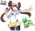  1girl :o black_pantyhose bow breasts brown_hair cowboy_shot double_bun doughnut_hair_bun hair_bun highres holding holding_poke_ball legwear_under_shorts long_hair mr.thunderigor open_mouth outstretched_arm pantyhose pink_bow poke_ball poke_ball_(basic) pokemon pokemon_(creature) pokemon_(game) pokemon_bw2 raglan_sleeves rosa_(pokemon) short_shorts shorts simple_background snivy spread_fingers twintails visor_cap white_background yellow_shorts 