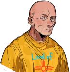  1boy animification bald blue_eyes breaking_bad clothes_writing facial_hair frown goatee highres looking_to_the_side ma2_ereki male_focus mike_ehrmantraut portrait shirt solo stubble t-shirt white_background yellow_shirt 