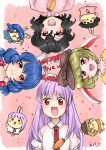 2023 4girls :d absurdres animal_ears bangs black_hair blonde_hair blue_hair blush brown_headwear cabbie_hat carrot_necklace carrot_pin chibi chinese_zodiac collared_shirt commentary_request confetti floppy_ears happy_new_year hat highres inaba_tewi jewelry kanonari long_hair looking_at_viewer multiple_girls necklace necktie open_mouth pink_background pink_shirt purple_hair rabbit_ears rabbit_girl red_eyes red_necktie reisen_udongein_inaba ringo_(touhou) seiran_(touhou) shirt short_hair short_sleeves smile touhou upper_body wavy_hair white_shirt year_of_the_rabbit yellow_shirt 