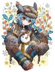  1boy animal_ears artist_name backpack bag bloomminority blue_hair brown_eyes closed_mouth fake_animal_ears flower flower_(symbol) full_body goggles goggles_on_head goggles_on_headwear hat highres looking_at_viewer male_focus original rabbit_ears red_flower short_hair snowflakes snowman solo steampunk twitter_username white_background winter yellow_flower 