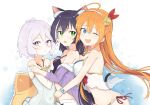  3girls :o absurdres animal_ear_fluff animal_ears bangs bikini blue_eyes blush braid breast_press breasts cat_ears cat_girl cat_tail covered_navel flat_chest flower green_eyes hair_between_eyes hair_flower hair_ornament hairband highres karyl_(princess_connect!) karyl_(summer)_(princess_connect!) kokkoro_(princess_connect!) kokkoro_(summer)_(princess_connect!) large_breasts light_purple_hair long_hair medium_breasts multicolored_hair multiple_girls official_alternate_costume one-piece_swimsuit one_eye_closed open_mouth orange_hair parted_lips pecorine_(princess_connect!) pecorine_(summer)_(princess_connect!) pinch_(nesume) pointy_ears princess_connect! purple_eyes sandwiched side_braid simple_background streaked_hair swimsuit tail tears upper_body very_long_hair white_flower white_hair 