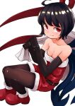  1girl absurdres asymmetrical_wings bangs belt black_belt black_gloves black_hair black_pantyhose blue_wings blush breasts christmas cleavage closed_mouth commentary_request cowlick elbow_gloves full_body gloves highres holding holding_sack houjuu_nue looking_at_viewer pantyhose red_eyes red_footwear red_wings sack santa_costume scottie0521 shoes short_hair simple_background small_breasts smile solo touhou white_background wings 