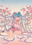  1girl absurdly_long_hair aqua_hair bangs bird blue_background blue_eyes dated detached_sleeves flower frilled_sleeves frills full_body gradient gradient_background hatsune_miku highres long_hair long_sleeves looking_at_viewer pink_background pink_flower pink_shirt pink_skirt pleated_skirt sakura_miku shirt shoes sitting skirt solo tree very_long_hair vocaloid yuuinami 