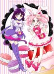  2girls :q animal_ears bishoujo_senshi_sailor_moon boots bow bubble_skirt cake cake_hair_ornament cat_ears chibi_usa choker color_connection commentary_request cone_hair_bun cosplay cure_macaron cure_macaron_(cosplay) cure_whip cure_whip_(cosplay) double_bun dress earrings elbow_gloves extra_ears food food-themed_brooch food-themed_hair_ornament fruit gloves hair_bun hair_ornament highres jewelry kirakira_precure_a_la_mode looking_at_viewer macaron macaron_hair_ornament multiple_girls paw_pose pink_bow pink_choker pink_eyes pink_footwear pink_hair pom_pom_(clothes) pom_pom_earrings precure purple_choker purple_eyes purple_footwear purple_hair purple_skirt purple_tail rabbit_ears ribbon_choker sarashina_kau shoes short_hair skirt smile strawberry strawberry_shortcake thigh_boots thighhighs tomoe_hotaru tongue tongue_out twintails white_dress white_gloves zettai_ryouiki 