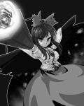  1girl absurdres aiming arm_cannon bangs bird_wings bow breasts closed_mouth collared_shirt commentary_request control_rod cowboy_shot frilled_shirt frilled_shirt_collar frills frown galaxy greyscale hair_bow highres large_breasts long_hair looking_at_viewer monochrome neophyte ponytail reiuji_utsuho shirt short_sleeves sidelocks solo starry_sky_print third_eye touhou v-shaped_eyebrows weapon wings 