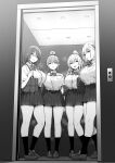  4girls :d bag bangs bow bowtie breasts collared_shirt commentary elevator full_body glasses greyscale hair_bun highres himeko_(sky-freedom) hinano_(sky-freedom) joshi_kousei_rich_thots kneehighs large_breasts long_hair looking_at_viewer monochrome multiple_girls open_mouth original parted_lips pleated_skirt ponytail shirt shirt_tucked_in shoes short_sleeves shoulder_bag single_hair_bun skirt sky-freedom smile socks standing thighs yui_(sky-freedom) yurie_(sky-freedom) 
