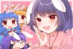  &gt;_&lt; 4girls :t animal_ears bangs black_hair blue_dress blue_hair blush brown_headwear cabbie_hat carrot_necklace chibi chinese_zodiac closed_eyes closed_mouth commentary_request dango dress earclip floppy_ears food frilled_sleeves frills hat highres inaba_tewi jewelry long_sleeves looking_at_viewer milll_77 multiple_girls necklace open_mouth orange_shirt pink_shirt purple_hair rabbit_ears rabbit_girl red_eyes reisen_udongein_inaba ringo_(touhou) seiran_(touhou) shirt short_hair short_sleeves smile touhou upper_body wagashi year_of_the_rabbit 