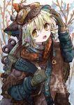  1boy animal_ears artist_name blonde_hair bloomminority brown_eyes fake_animal_ears fang goggles goggles_on_head goggles_on_headwear hat highres looking_at_viewer male_focus open_mouth original scarf short_hair solo steampunk twitter_username 