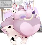  animal_print anthro arm_warmers armwear belly beluebell big_belly big_breasts blush bodily_fluids breast_milking breasts canid canine canis clothed clothing cow_print dialogue female footwear hi_res huge_breasts hyper hyper_belly lactating machine mammal milk milking_machine navel nipples obese overweight partially_clothed purple_nipples socks solo thick_thighs torn_clothing wolf 