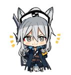  1girl :3 animal_ears arknights armor bangs black_coat black_gloves black_pants blush chibi coat commentary_request gloves grani_(arknights) grey_eyes grey_hair hair_between_eyes hands_on_hips hat hip_vent horse_ears horse_girl horse_tail long_hair long_sleeves looking_at_viewer open_clothes pants pinch_(nesume) simple_background solo tail visor_cap white_background 