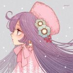  1girl aqua_flower bangs black_hair earrings grey_background highres jewelry long_hair original parted_lips pink_headwear pink_ribbon profile ribbon signature simple_background snow solo tree yuuinami 