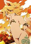  1girl absurdres animal_ears autumn_leaves bangs blonde_hair bright_pupils brown_eyes closed_mouth cloud commentary_request corked_bottle cowboy_shot dutch_angle falling_leaves flat_chest forest fox_ears fox_girl fox_tail glint green_ribbon hair_between_eyes highres holding kudamaki_tsukasa leaf looking_at_viewer maple_leaf medium_hair nature neck_ribbon orange_sky ribbon romper shinentai_a sky sleeve_ribbon smile solo tail test_tube tongue tongue_out touhou white_pupils 