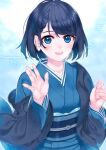  1girl amamiya_chiharu black_hair blue_background blue_eyes blue_theme bob_cut braid collarbone commentary japanese_clothes kimono original short_hair smile yukata 