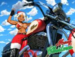 1girl abs arm_up arung_samudra_(cessa) belt biceps bikini bikini_top_only black_belt black_footwear black_gloves blue_sky boots breasts cessa cleavage cloud dark-skinned_female dark_skin day fingerless_gloves from_below gloves ground_vehicle hat large_breasts looking_at_viewer merry_christmas motor_vehicle motorcycle muscular muscular_female ombok_diving_and_delivery_services outdoors pants parted_lips red_bikini red_pants reflection santa_costume santa_hat sky smile solo swimsuit twintails white_hair 