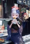  2girls bat_wings blue_archive blush croquette demon_wings eating flower ggoc_ill grey_hair hair_bun hair_flower hair_ornament halo haruna_(blue_archive) haruna_(new_year)_(blue_archive) highres horns japanese_clothes junko_(blue_archive) junko_(new_year)_(blue_archive) kanzashi kimono long_hair looking_at_viewer multiple_girls obi official_alternate_costume official_alternate_hairstyle outdoors purple_kimono red_eyes red_hair sash single_hair_bun single_wing sitting smile solo_focus wide_sleeves wings 