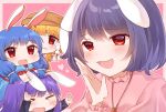 &gt;_&lt; 4girls :t animal_ears bangs black_hair blue_dress blue_hair blush brown_headwear cabbie_hat carrot_necklace chibi chinese_zodiac closed_eyes closed_mouth commentary_request dango dress earclip floppy_ears food frilled_sleeves frills hat highres inaba_tewi jewelry long_sleeves looking_at_viewer milll_77 multiple_girls necklace open_mouth orange_shirt pink_shirt purple_hair rabbit_ears rabbit_girl red_eyes reisen_udongein_inaba ringo_(touhou) seiran_(touhou) shirt short_hair short_sleeves smile textless_version touhou upper_body wagashi year_of_the_rabbit 
