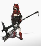  1girl absurdres asymmetrical_sleeves axe bandages boots brown_hair eyepatch gloves halberd highres holding holding_polearm holding_weapon navel nilzynox original polearm red_eyes red_footwear red_hood scar scar_on_arm scar_on_leg scar_on_stomach solo weapon white_background 