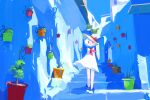  1girl ascot blue_footwear blue_theme dress hat highres looking_at_viewer natsu-no-kamisama original plant potted_plant red_ascot red_eyes shadow shoes short_hair solo stairs white_dress white_hair wide_shot 