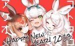  2023 3girls ;) ;d ^_^ animal_ear_fluff animal_ears arctic_hare_(kemono_friends) bangs brown_eyes brown_hair capelet closed_eyes commentary_request double_v fur-trimmed_capelet fur_collar fur_trim happy_new_year highres japanese_hare_(kemono_friends) japari_symbol kemono_friends long_hair looking_at_viewer multiple_girls nan_okitsune one_eye_closed open_mouth rabbit_ears rabbit_girl red_background school_uniform serafuku simple_background smile tsukuyomi_shinshi_(kemono_friends) v white_capelet white_hair yellow_eyes 