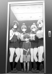  1boy 4girls :d age_difference bag bangs bow bowtie breasts collared_shirt commentary elevator full_body glasses greyscale hair_bun highres himeko_(sky-freedom) hinano_(sky-freedom) joshi_kousei_rich_thots kneehighs large_breasts long_hair looking_at_viewer male_child monochrome multiple_girls open_mouth original parted_lips pleated_skirt ponytail shirt shirt_tucked_in shoes short_sleeves shoulder_bag single_hair_bun skirt sky-freedom smile socks standing thighs yui_(sky-freedom) yurie_(sky-freedom) 