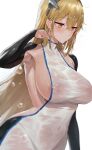  1girl absurdres aiz_wallenstein alternate_breast_size bangs black_gloves blonde_hair blush breasts covered_navel covered_nipples dress dungeon_ni_deai_wo_motomeru_no_wa_machigatteiru_darou_ka gloves highres large_breasts long_hair rororo sideboob simple_background white_background white_dress yellow_eyes 