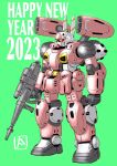  2023 beam_rifle chinese_zodiac clenched_hand energy_gun full_body green_background green_eyes gun guncannon gundam happy_new_year highres holding holding_gun holding_weapon mecha mechanical_ears mobile_suit mobile_suit_gundam no_humans ohtagaki_yasuo robot science_fiction shoulder_cannon simple_background solo standing weapon year_of_the_rabbit 