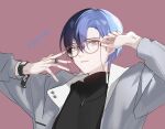  1boy absurdres aoyagi_touya bangs black_shirt blue_hair dark_blue_hair glasses grey_eyes grey_jacket hair_between_eyes highres jacket jewelry long_sleeves male_focus mole mole_under_eye mona0101 multicolored_hair necklace open_mouth parted_bangs project_sekai shirt simple_background solo upper_body watch wristwatch 