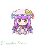  1girl bangs blue_eyes blunt_bangs bow bowtie bun_cover chibi double_bun dress green_tea_reimu hair_bun hat long_hair long_sleeves mob_cap neck_ribbon patchouli_knowledge purple_dress purple_hair purple_headwear red_bow red_bowtie red_ribbon ribbon robe simple_background solo striped striped_dress touhou vertical-striped_dress vertical_stripes very_long_hair white_background wide_sleeves 