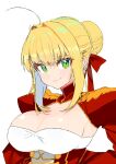  1girl ahoge bangs blonde_hair breasts cleavage fate/extra fate/grand_order fate_(series) green_eyes hair_bun hair_ribbon large_breasts looking_at_viewer nero_claudius_(fate) nero_claudius_(fate/extra) pinch_(nesume) red_ribbon ribbon sidelocks simple_background single_hair_bun solo upper_body white_background 