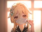  1girl alternate_costume blonde_hair flower genshin_impact h1910984490 hair_between_eyes hair_flower hair_ornament highres holding holding_mask indoors lumine_(genshin_impact) mask mouth_mask solo sunlight upper_body white_flower window yellow_eyes 