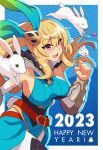 1girl 2023 absurdres bangs belt blonde_hair blue_ribbon breasts clenched_hand dragalia_lost elisanne fake_tail green_ribbon hair_between_eyes hair_ribbon highres kelzero long_hair new_year open_mouth party_whistle ponytail rabbit rabbit_tail red_eyes ribbon tail two-tone_ribbon very_long_hair 