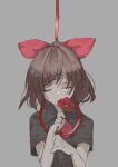  1girl bandages closed_eyes crying flower hair_ribbon highres holding holding_flower noose ponytail red_flower red_ribbon ribbon rose@painter shin_yomawari solo spoilers upper_body yomawari_(series) yui_(yomawari) 