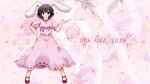  1girl 2023 animal_ears bangs black_hair blush breasts carrot_necklace chinese_zodiac closed_mouth commentary_request dress floppy_ears frilled_sleeves frills full_body hair_between_eyes hand_on_hip highres inaba_tewi jewelry long_dress looking_at_viewer mary_janes necklace new_year pink_background pink_dress puffy_short_sleeves puffy_sleeves rabbit_ears rabbit_girl red_eyes red_footwear ribbon-trimmed_dress shoes short_hair short_sleeves side_b small_breasts smile solo standing touhou year_of_the_rabbit zoom_layer 