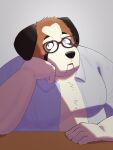  2023 anthro belly black_nose blush brown_body canid canine canis clothing domestic_dog eyewear glasses hi_res humanoid_hands kemono kick_(artist) male mammal overweight overweight_male shirt solo topwear 