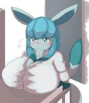  absurd_res anthro big_breasts blue_body blue_eyes blush breasts clothed clothing eeveelution female generation_4_pokemon glaceon hi_res looking_at_viewer nigiruri nintendo pokemon pokemon_(species) pokemorph solo 