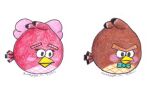  2011 angry_birds animal_crossing armless avian bird blathers_(animal_crossing) brown_body celeste_(animal_crossing) crossover dated duo female frown green_bow_tie male multiple_images nintendo owl pink_cheeks pink_hair_bow red_body sierrastorms signature traditional_media_(artwork) 