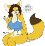  absurd_res anthro biped blue_eyes bottomless breasts brown_hair candy canid canine chocolate claire_o&#039;conell clothed clothing dessert dialogue female food fox fur hair hi_res mammal sitting skidd solo tagme tail uberquest webcomic yellow_body yellow_fur 