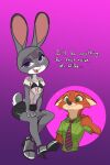  2023 absurd_res anthro areola bodily_fluids breasts canid canine clothed clothing dialogue disney duo english_text eyeshadow female footwear fox fur green_eyes grey_body grey_fur hi_res high_heels judy_hopps lagomorph leporid makeup male male/female mammal multicolored_body multicolored_fur necktie nick_wilde nipples open_mouth open_smile orange_body orange_fur purple_eyes rabbit simple_background siroc smile sweat text two_tone_body two_tone_fur white_body white_fur zootopia 