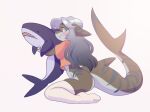  2019 anthro anutka biped blue_eyes blue_hair blush bottomless clothed clothing countershade_face countershade_scales countershade_tail countershade_torso countershading digital_media_(artwork) female fish footwear grey_body grey_hair grey_scales hair holding_object holding_plushie kneeling legwear long_hair looking_at_viewer luka_(anutka) marine plushie scales shaded shark shark_plushie sharp_teeth side_view simple_background skindentation smile socks solo squish striped_body striped_scales stripes tail teeth thick_tail thigh_highs thigh_socks thigh_squish white_background white_clothing white_footwear white_legwear white_socks white_thigh_highs white_thigh_socks 