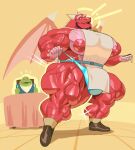  anthro beard big_bulge big_muscles big_nipples big_pecs bulge clothed clothing dragon duo facial_hair guzreuef hi_res huge_muscles hyper hyper_muscles looking_back_at_another male muscular mustache nipples pecs red_body red_nipples skimpy solo_focus vein veiny_muscles 