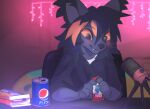  2022 anthro beverage_can black_body black_fur blush canid clothed clothing fur grey_body grey_fur hi_res holding_object hyilpi mammal microphone pepsi smile solo whiskers 