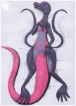  absurd_res anthro black_body digital_drawing_(artwork) digital_media_(artwork) feet female fingers full-length_portrait generation_7_pokemon grey_body hand_on_chest hi_res looking_at_viewer lying mintychipart nintendo on_back open_mouth pink_body pokemon pokemon_(species) portrait purple_eyes salazzle shaded solo tail toes wide_hips 