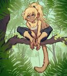  :3 anthro big_ears blonde_hair blue_eyes clothing facial_hair feet female forest fur hair hand_feet haplorhine in_tree jungle leggings legwear looking_at_viewer mammal monkey plant ponytail primate shirt sitting solo tail tan_body tan_skin tank_top tateoftot topwear tree yellow_body yellow_fur 