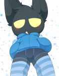  abstract_background anthro black_body black_fur blue_boxer_briefs blue_clothing blue_hoodie blue_topwear blush bodily_fluids boxer_briefs bulge clothing footwear fur half-closed_eyes hand_in_pocket hands_in_both_pockets hi_res hoodie league_of_legends legwear looking_at_viewer looking_down_at_viewer male narrowed_eyes pantsless pattern_clothing pattern_legwear pattern_thigh_highs pockets portrait riot_games smite_(artist) socks solo striped_clothing striped_legwear striped_thigh_highs stripes sweat sweatdrop thigh_highs three-quarter_portrait topwear underwear veigar view_from_below yellow_eyes yordle 