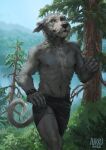  2022 5_fingers anthro athletic athletic_anthro athletic_male aurru black_nose brown_eyes canid canine canis clothed clothing day detailed_background digital_media_(artwork) domestic_dog fingers fur grey_body grey_fur hi_res hunting_dog male mammal nipples outside ribs sky smile solo terrier topless topless_anthro topless_male yellow_eyes 