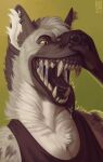 2020 ambiguous_gender anthro artist_logo black_clothing black_tongue black_topwear bodily_fluids bust_portrait canid cheek_tuft clothed clothing dated drooling duo ear_piercing ear_ring ear_stud facial_tuft fangs front_view fur green_background grey_body grey_fur grey_hair hair hi_res inner_ear_fluff logo male male_focus mammal neck_tuft nose_grab open_mouth orange_eyes piercing portrait ring_piercing riorix saliva saliva_string short_hair simple_background solo_focus teeth tongue tongue_out topwear tuft white_body white_fur white_inner_ear_fluff 