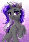  abstract_background absurd_res chest_tuft cutie_mark equid equine eyebrows eyelashes fan_character female feral fur grey_body grey_fur hair hakaina hasbro head_tuft hi_res hooves horn inner_ear_fluff leg_tuft long_hair mammal multicolored_hair my_little_pony purple_eyes purple_hair smile solo tuft unicorn unicorn_horn 